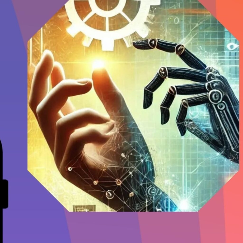 mão de ser humano em contato com o robô digital